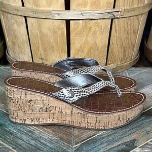 Sam Edelman Romy Metallic Snakeskin Leather Cork Wedge Thong Sandal Women Size 8